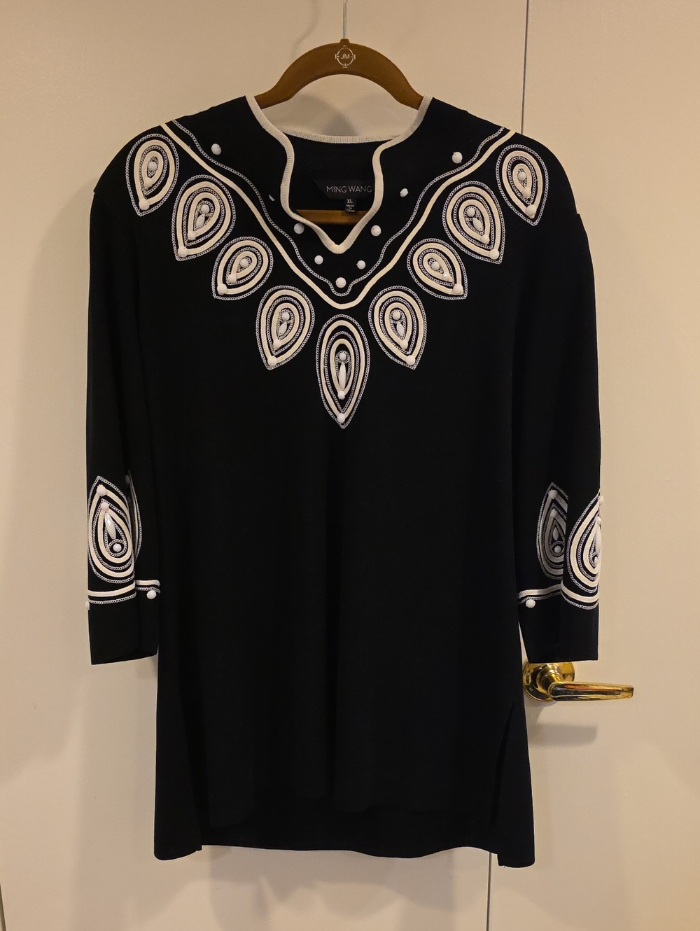 Ming Wang Black Embroidered V-Neck Tunic Top Three Quarter Sleeve  XL
